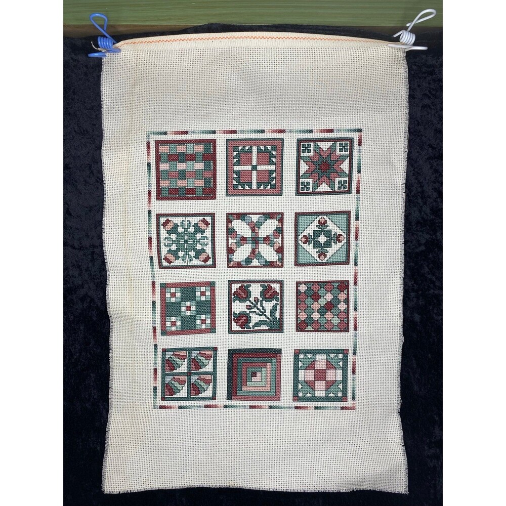 Vtg Needlepoint Hand Embroidered Cross Stitch Sampler Patchwork Quilt Blocks